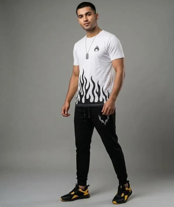 Men's White Flame Print Dri Fit Track Suit 2Pcs