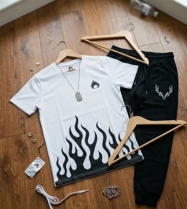 Men's White Flame Print Dri Fit Track Suit 2Pcs