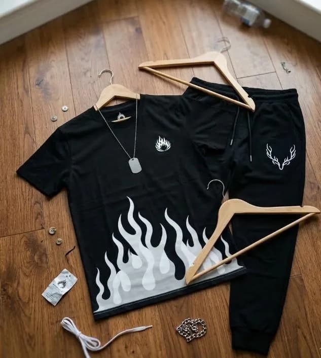 Men Flame Graphic Track Suit Black Sweatpants Set