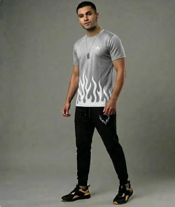 Men Grey Flame Print Dri Fit Track Suit 2Pcs