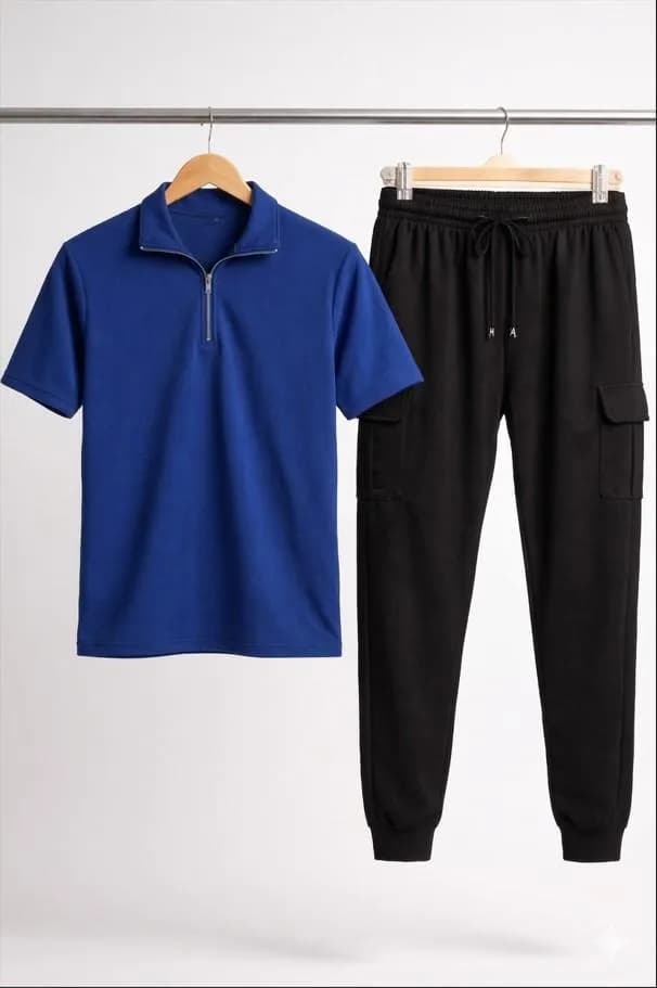Men Blue Polo Track Suit Black Pants Set