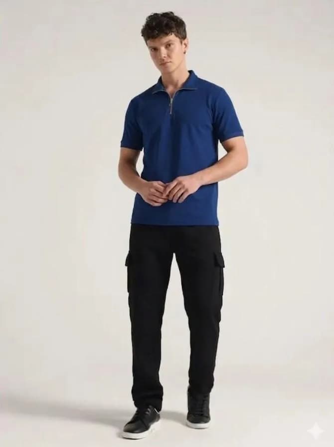 Men Blue Polo Track Suit Black Pants Set