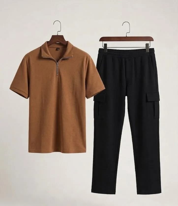 Men Polo Shirt & Pants Set Brown Black Cotton