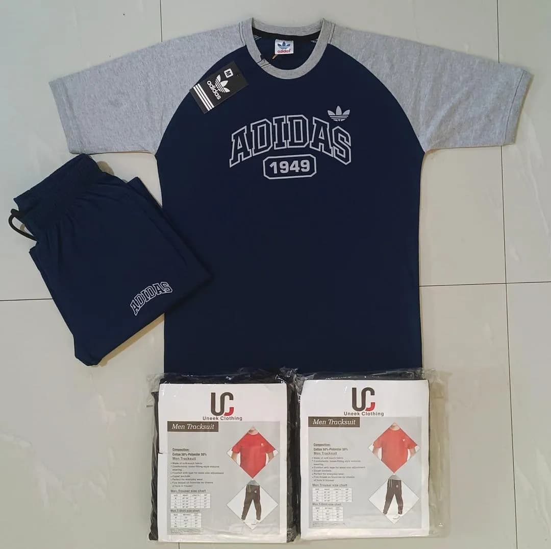 Men's Dark Blue Adidas Track Suit Set with Graphic Print