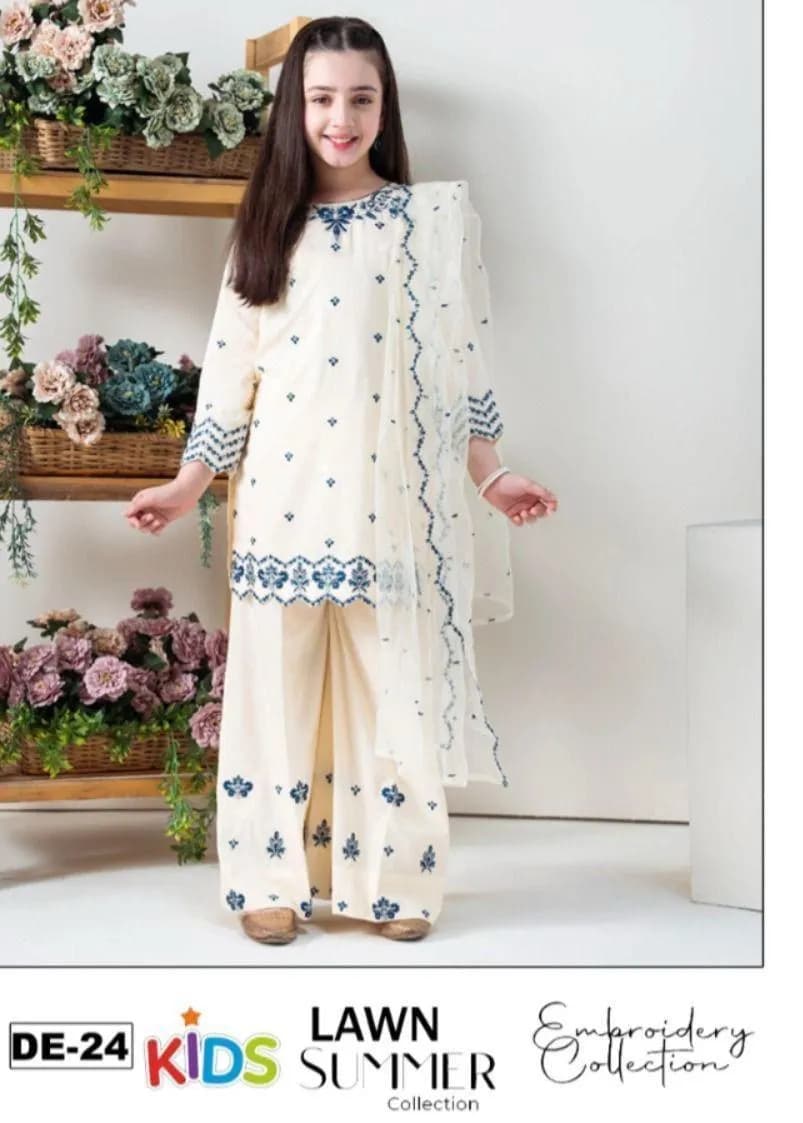 Off White Embroidered Lawn 3Pcs Set for Girls 3-4Yrs