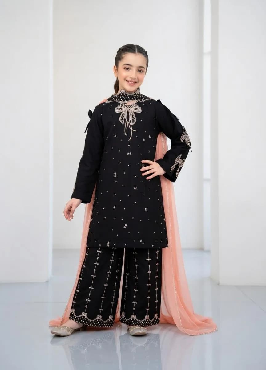 Black Embroidered 3Pcs Lawn Set for Girls 3-4Yrs