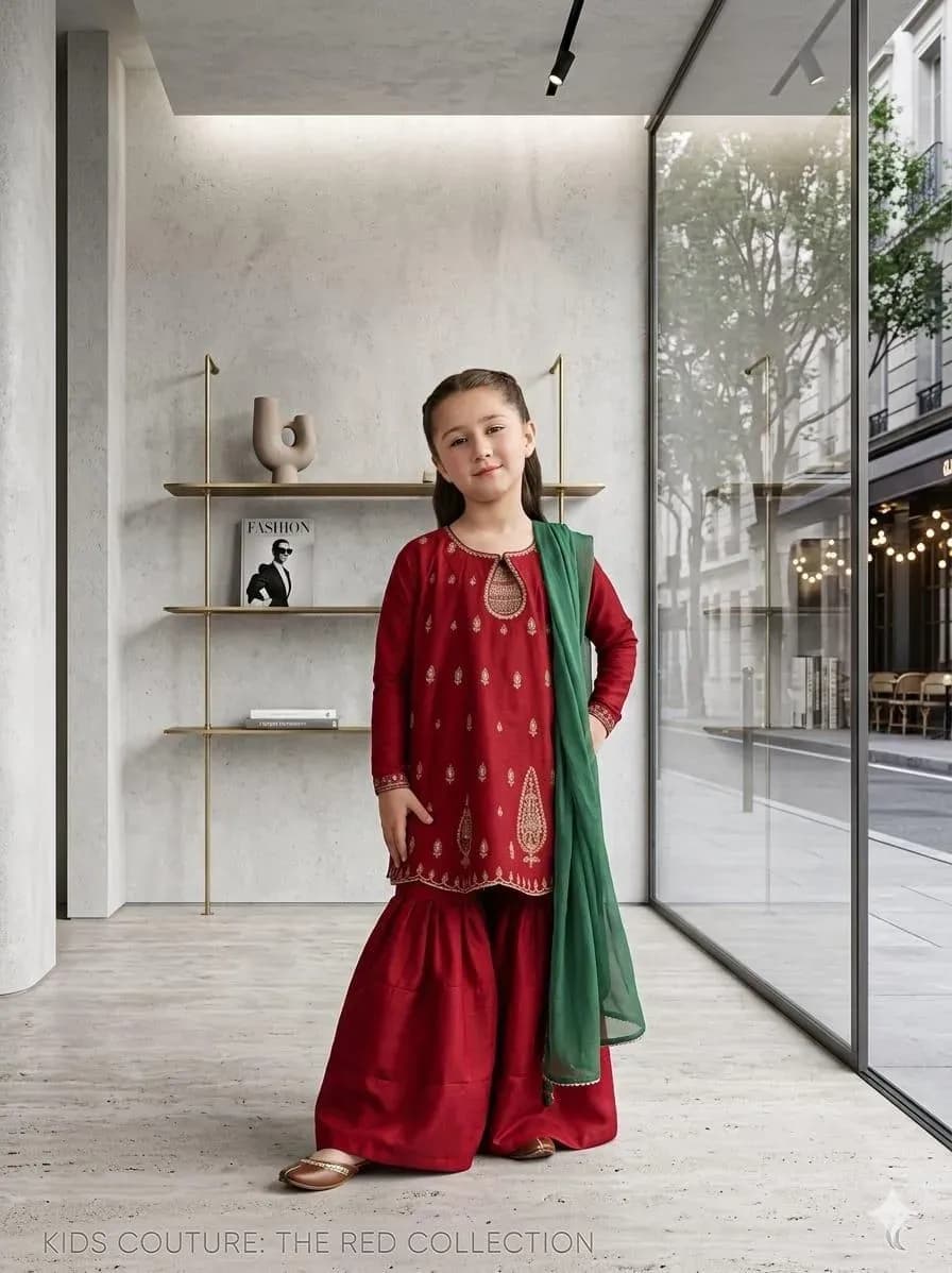 Red Embroidered Girl's 3-Piece Lawn Suit Set