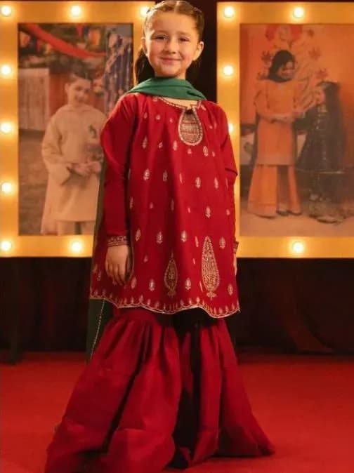 Red Embroidered Girl's 3-Piece Lawn Suit Set