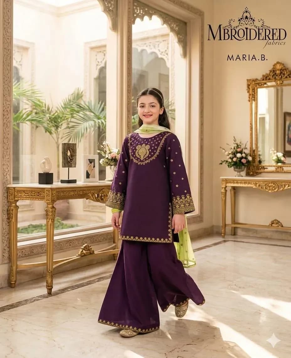 Purple Embroidered Lawn 3Pcs Set for Girls 3-4Yrs