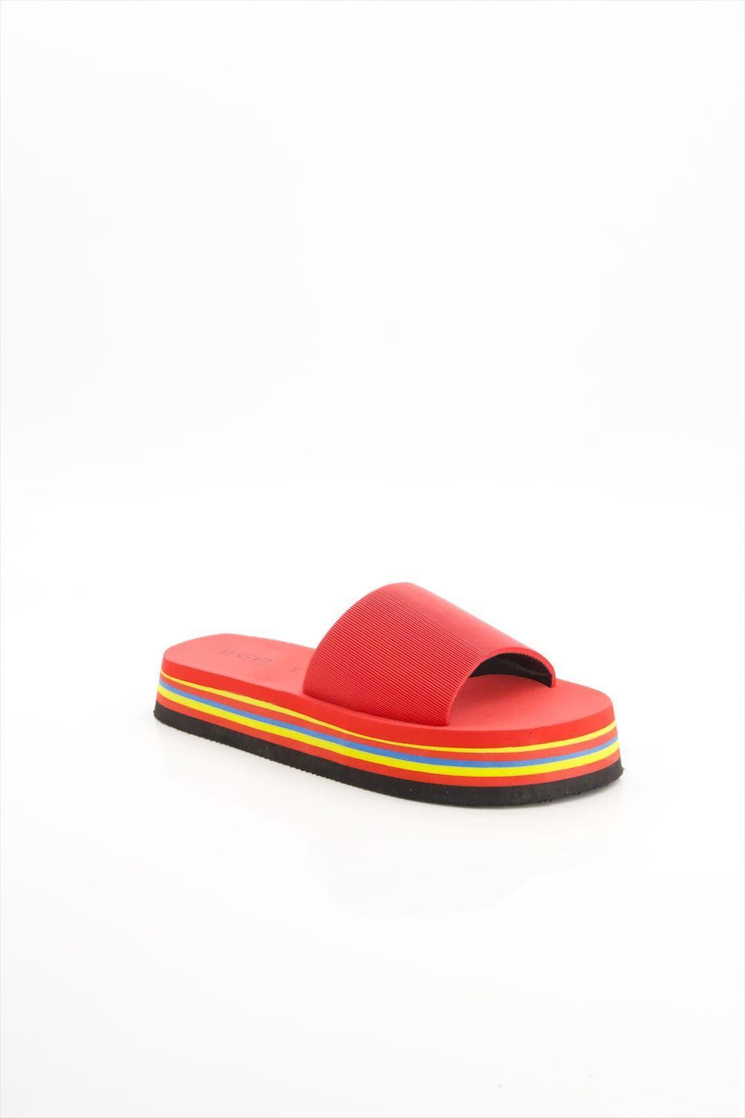 Red Textured Slide Sandals for Women with Platform Sole