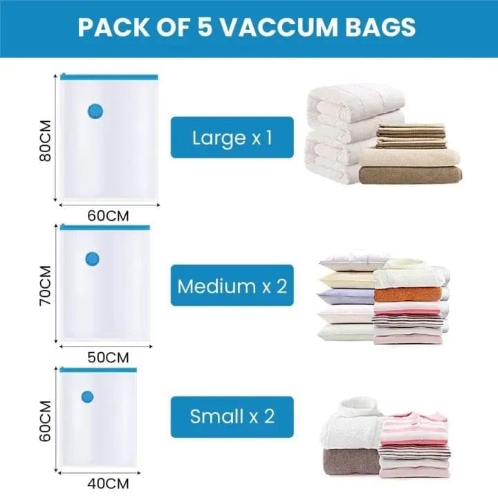 5 Pack Vacuum Storage Bags 80% Space Saving