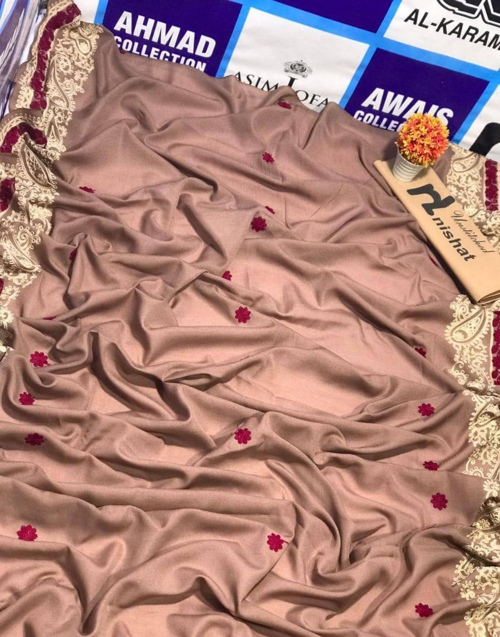 Swiss Lawn Shawl Beige Floral Embroidery Winter Formal Wear