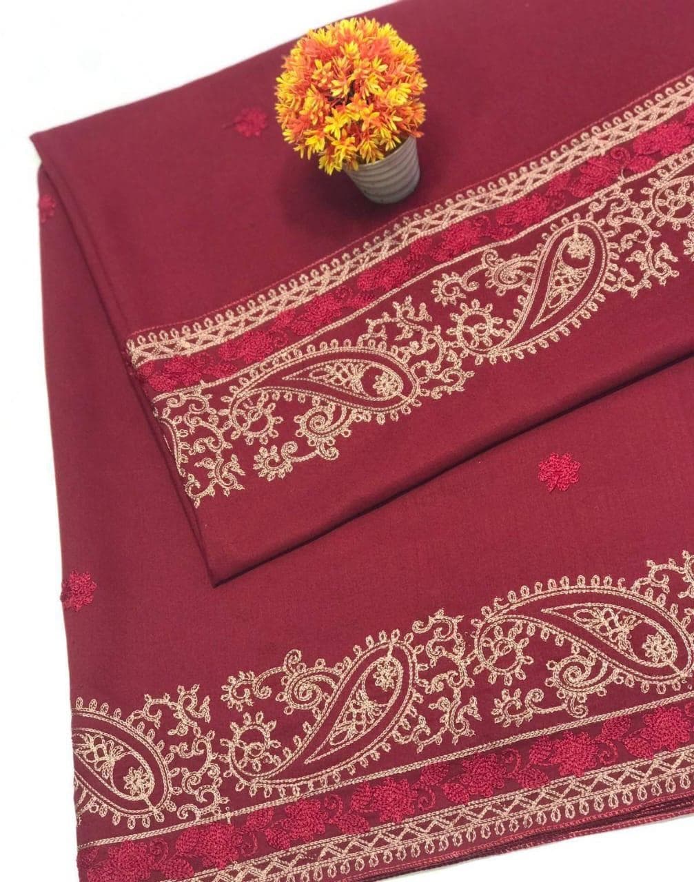 Maroon Swiss Lawn Shawl with Embroidered Border for Women