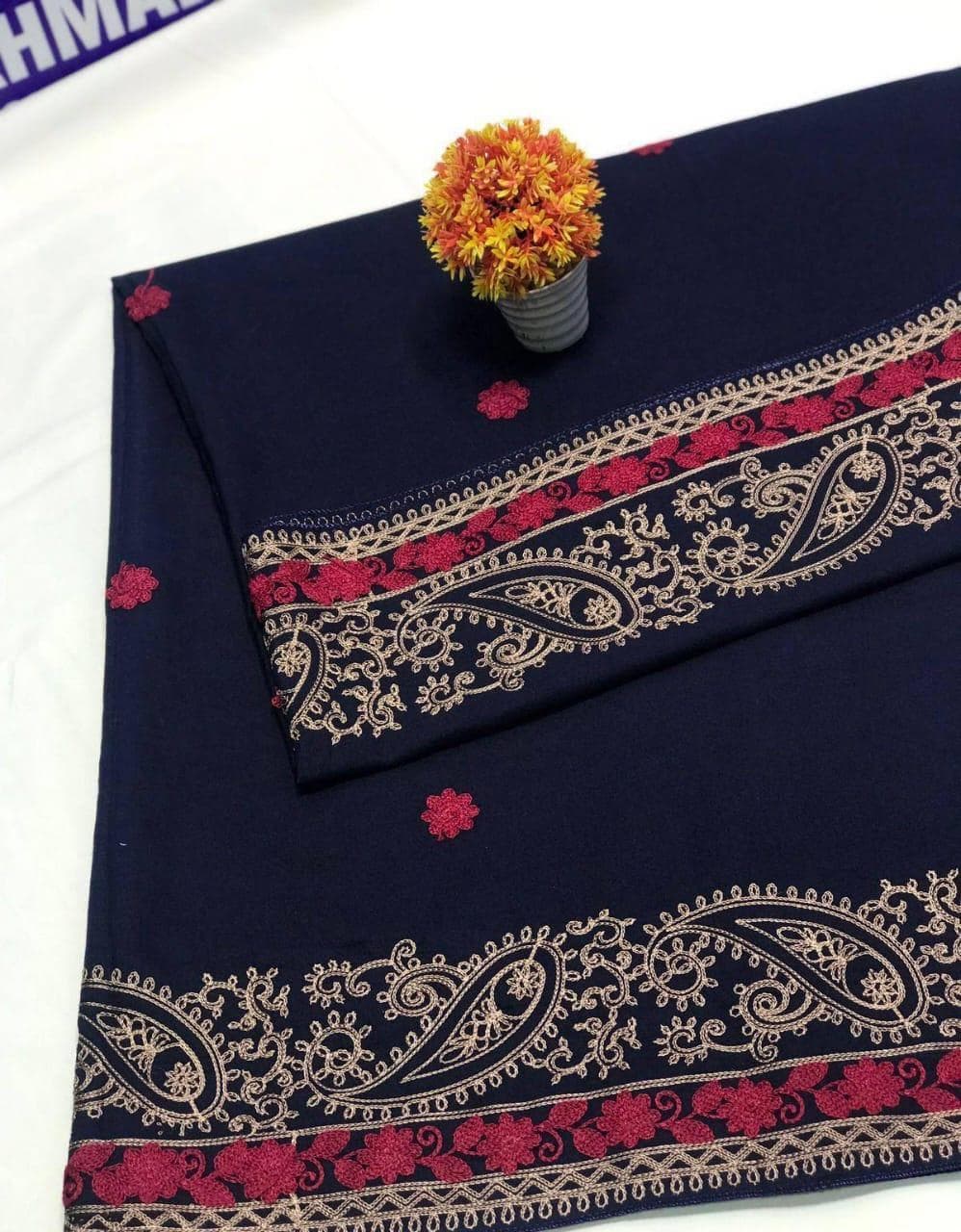 Women Swiss Lawn Embroidered Shawl Navy Gold Red Border