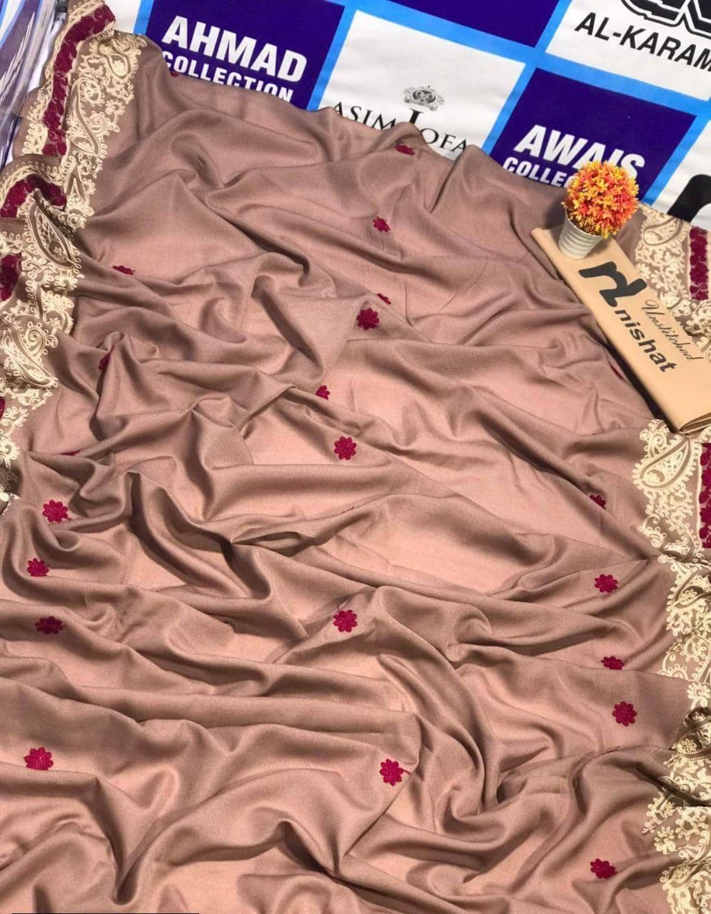 Swiss Embroidered Shawl Brown Floral Elegant Durable