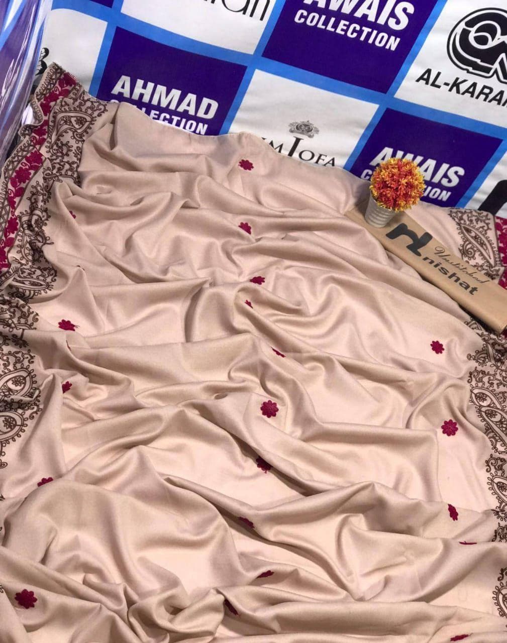 Swiss Embroidered Shawl Brown Floral Elegant Durable