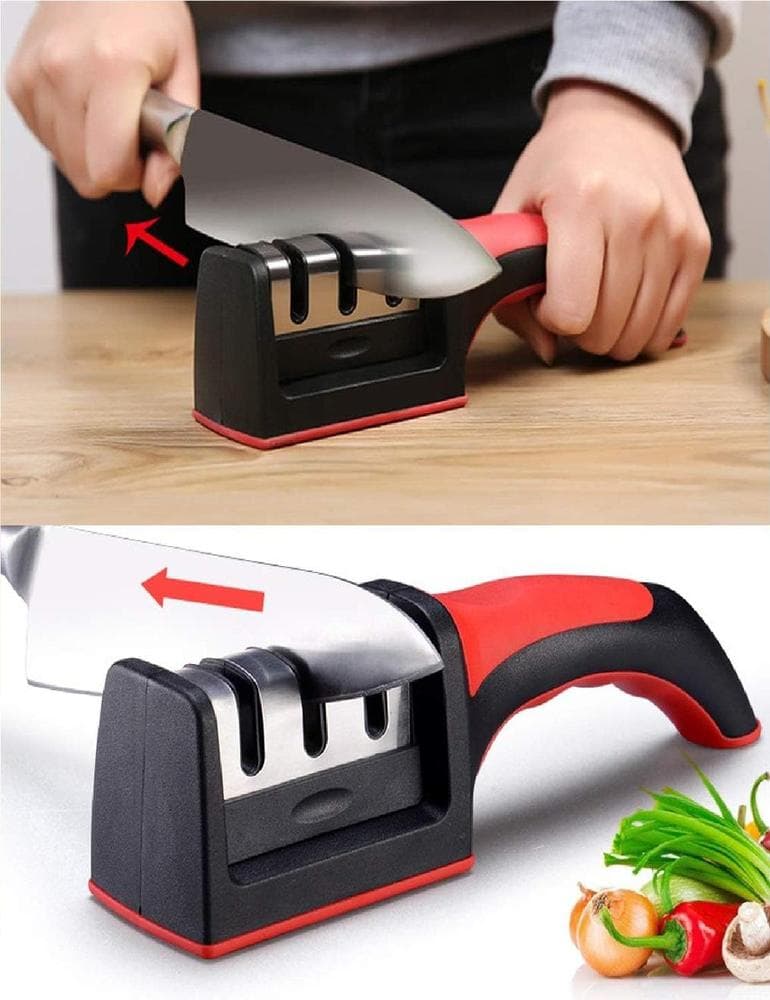 3-in-1 Knife Sharpener Stainless Steel Black Red Handle