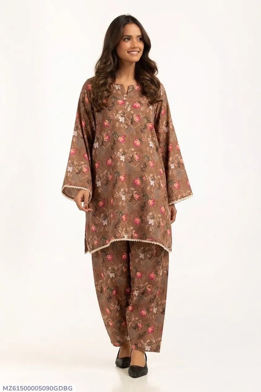 Women's Printed 2-Piece Suit Brown Polo Cotton Bakra Eid