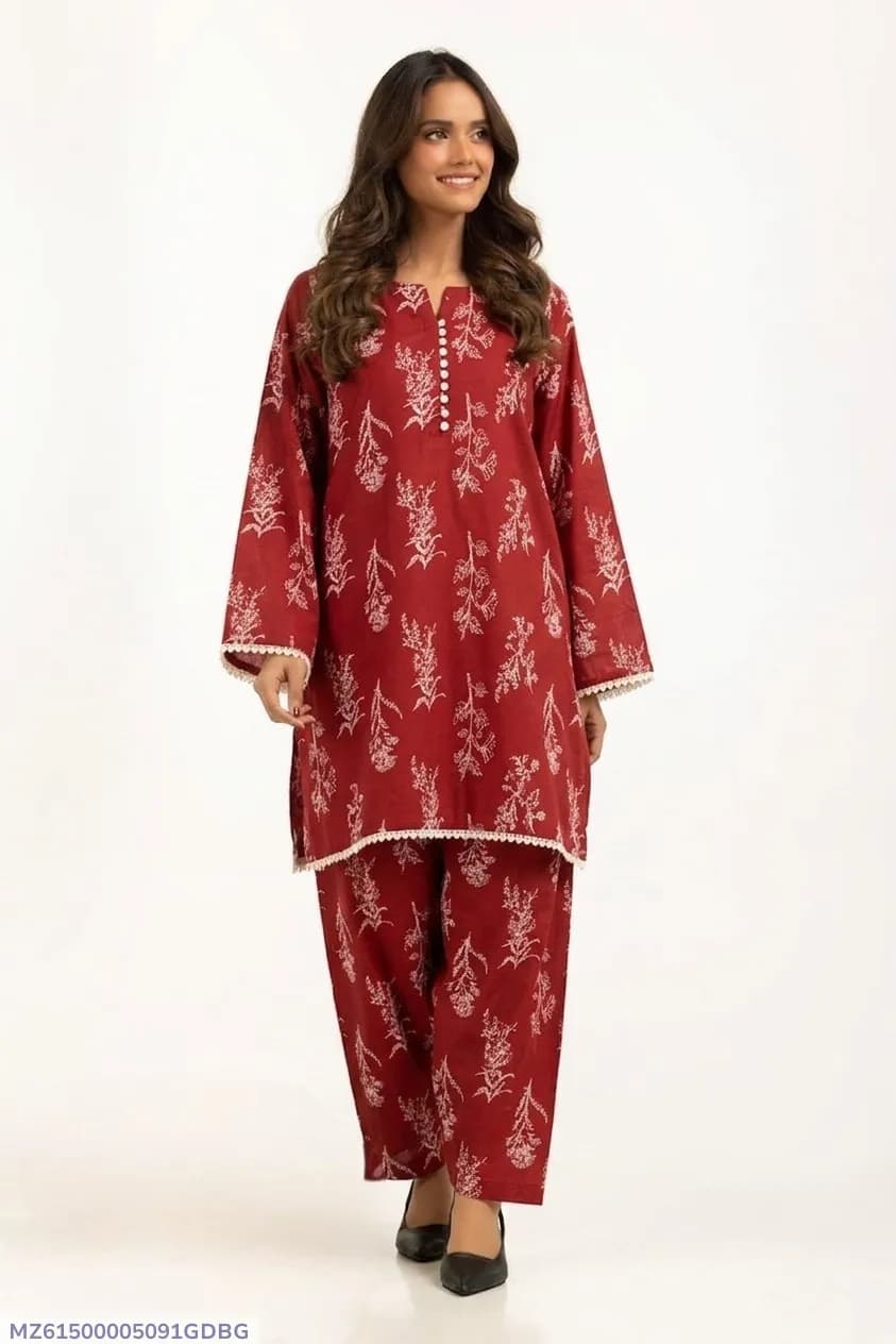 Maroon Printed 2 Pcs Women's Suit Bakra Eid