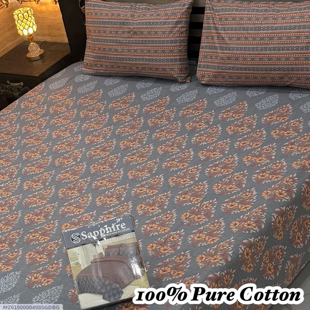 100% Pure Cotton Printed Bedsheet Set Grey Orange