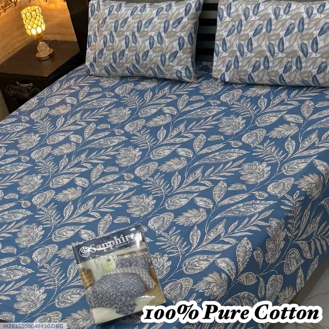 100% Pure Cotton Blue Floral Bedsheet Set Double Bed