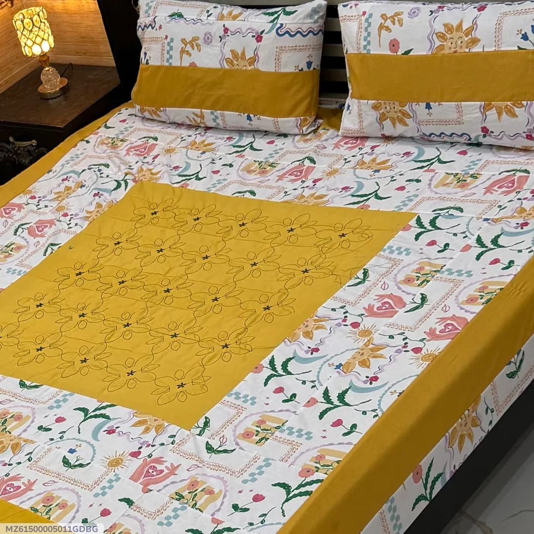 Cotton Patchwork Bedsheet Yellow Double Bed 3 Pcs