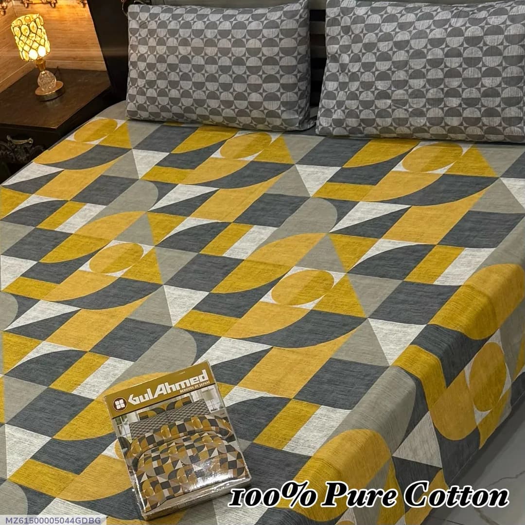 Double Bed Cotton Bedsheet Set Yellow Geometric 3 Pcs