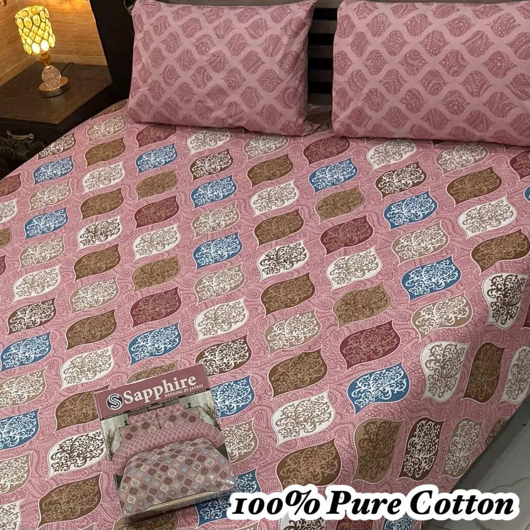 Pink Printed Cotton Double Bed 3Pcs Set