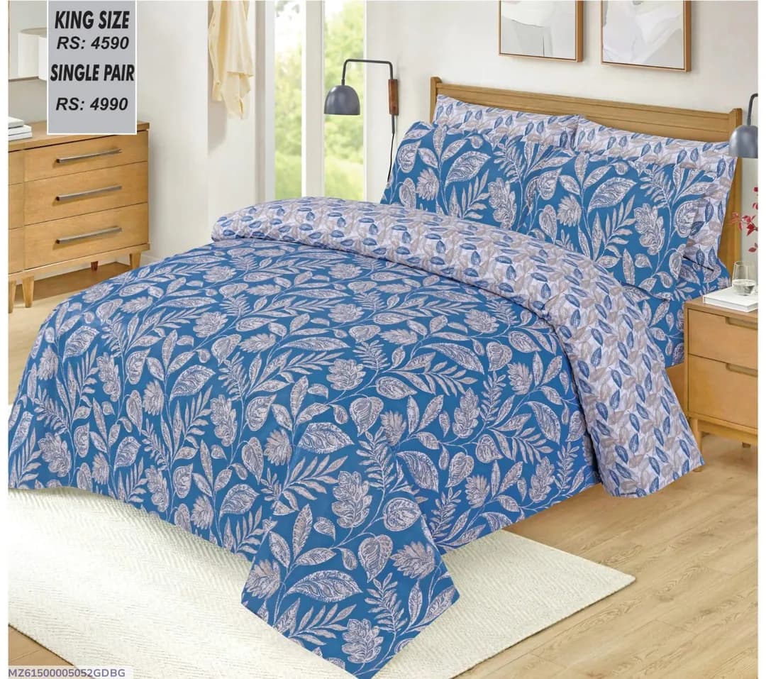 Turquoise Printed Cotton Bedsheet Set for Double Bed