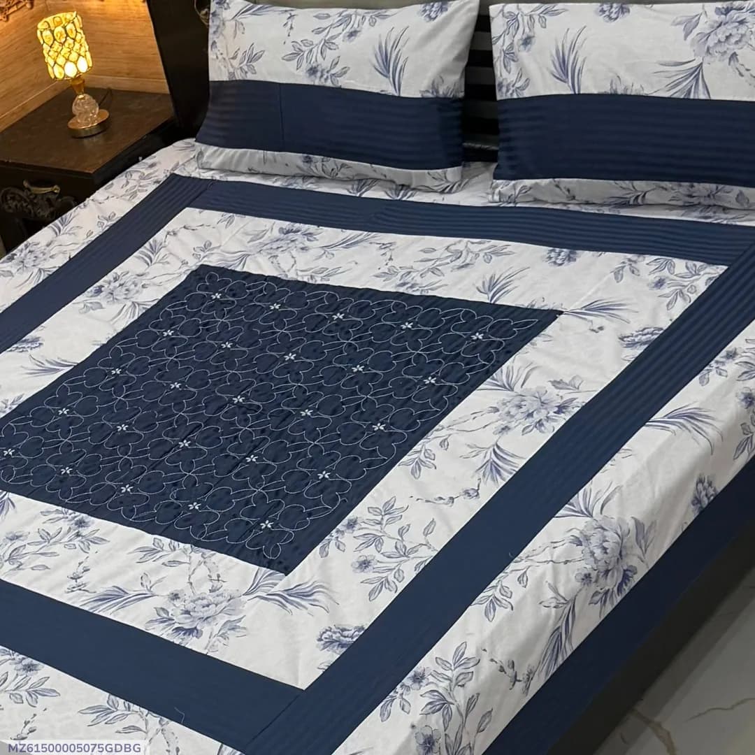 Blue Cotton Patchwork Double Bedsheet Set 3 Pcs