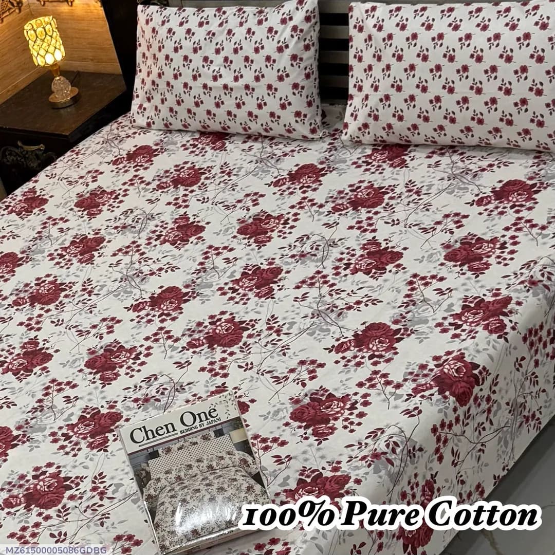 Double Bedsheet 3 Pcs Cotton Printed Off White