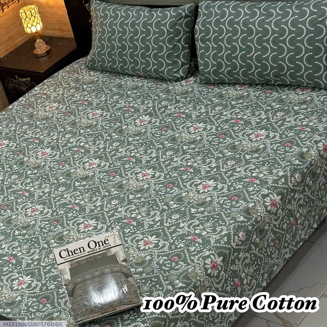 Green Printed Cotton Double Bedsheet Set 3 Pcs