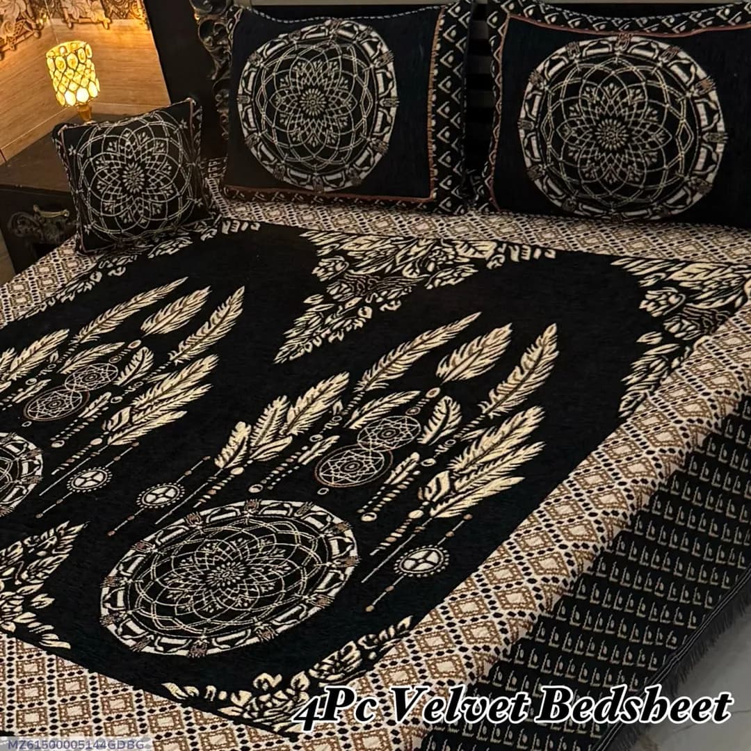 4 Pcs Velvet Jacquard Embroidered Double Bedsheet