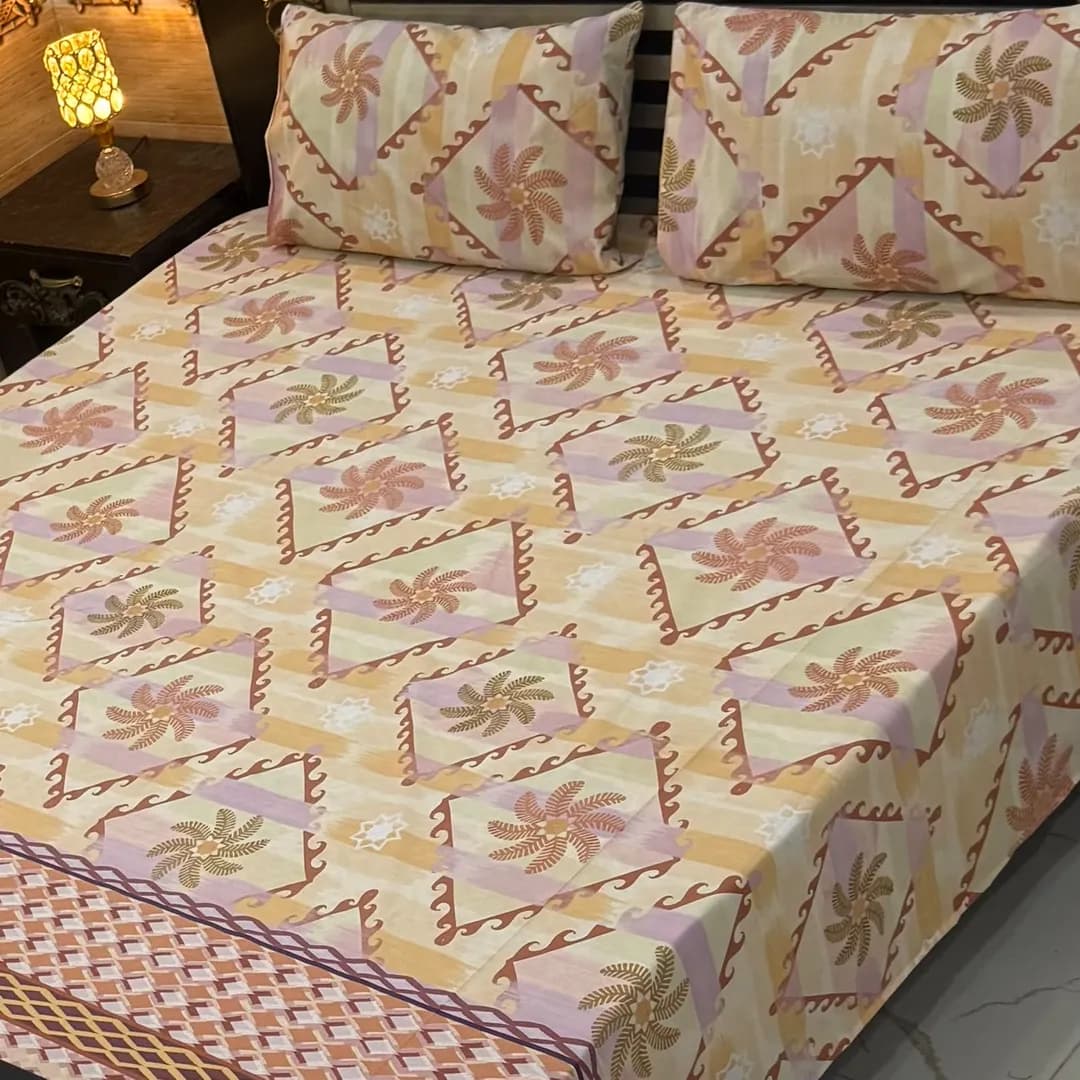 3 Pcs Cotton Printed Double Bedsheet