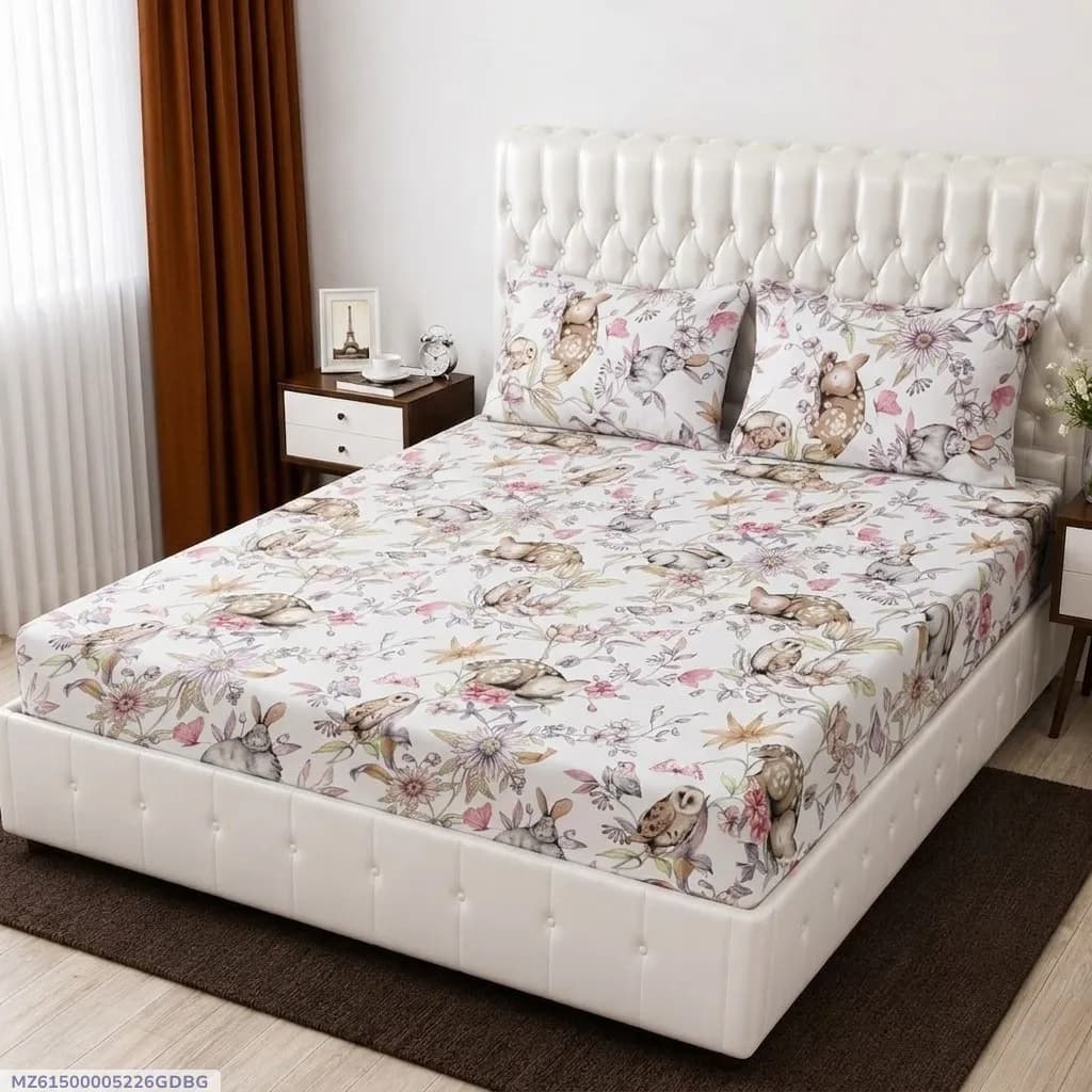 3 Pcs Cotton Printed Double Bedsheet