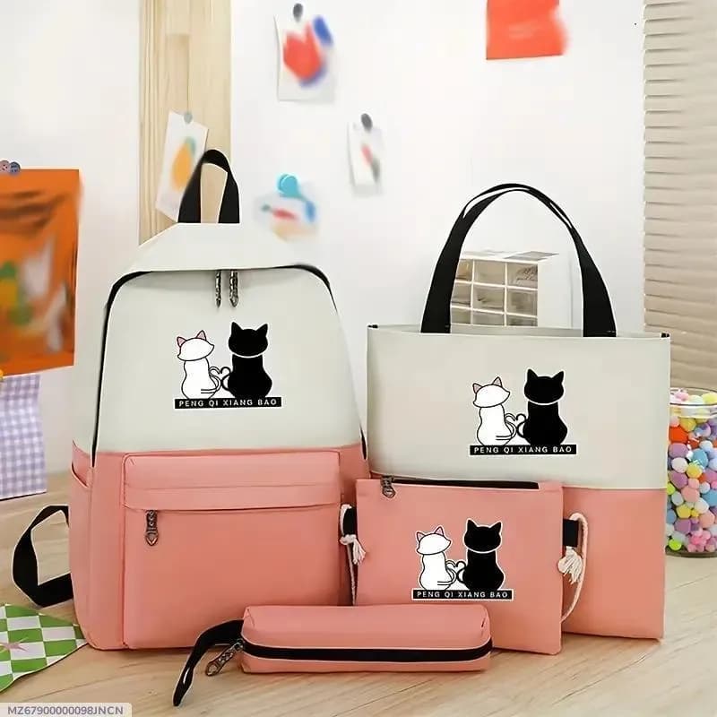 Cat Print 4-Piece Backpack Set Pink Cream Polyester