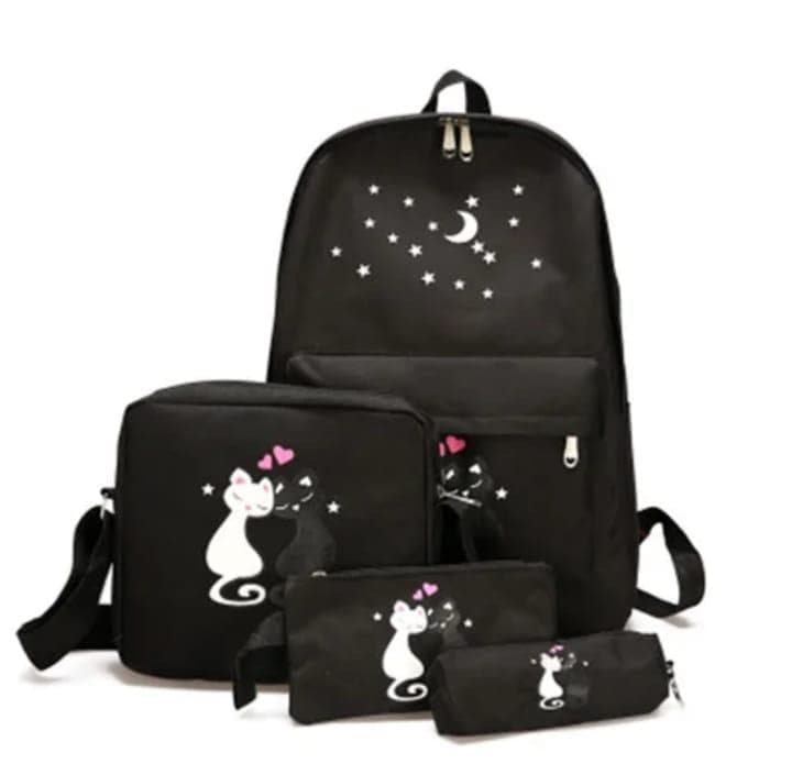 4-Piece Nylon Backpack Set with Cat Moon Design