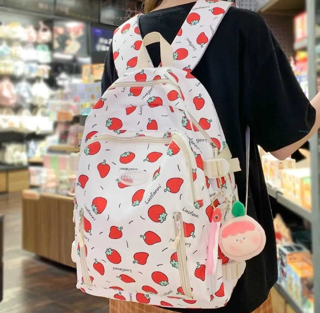 Strawberry Print Nylon Backpack 18" Multicolor