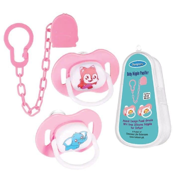 Baby Pacifier Set Fox Elephant Silicone Pink Chain