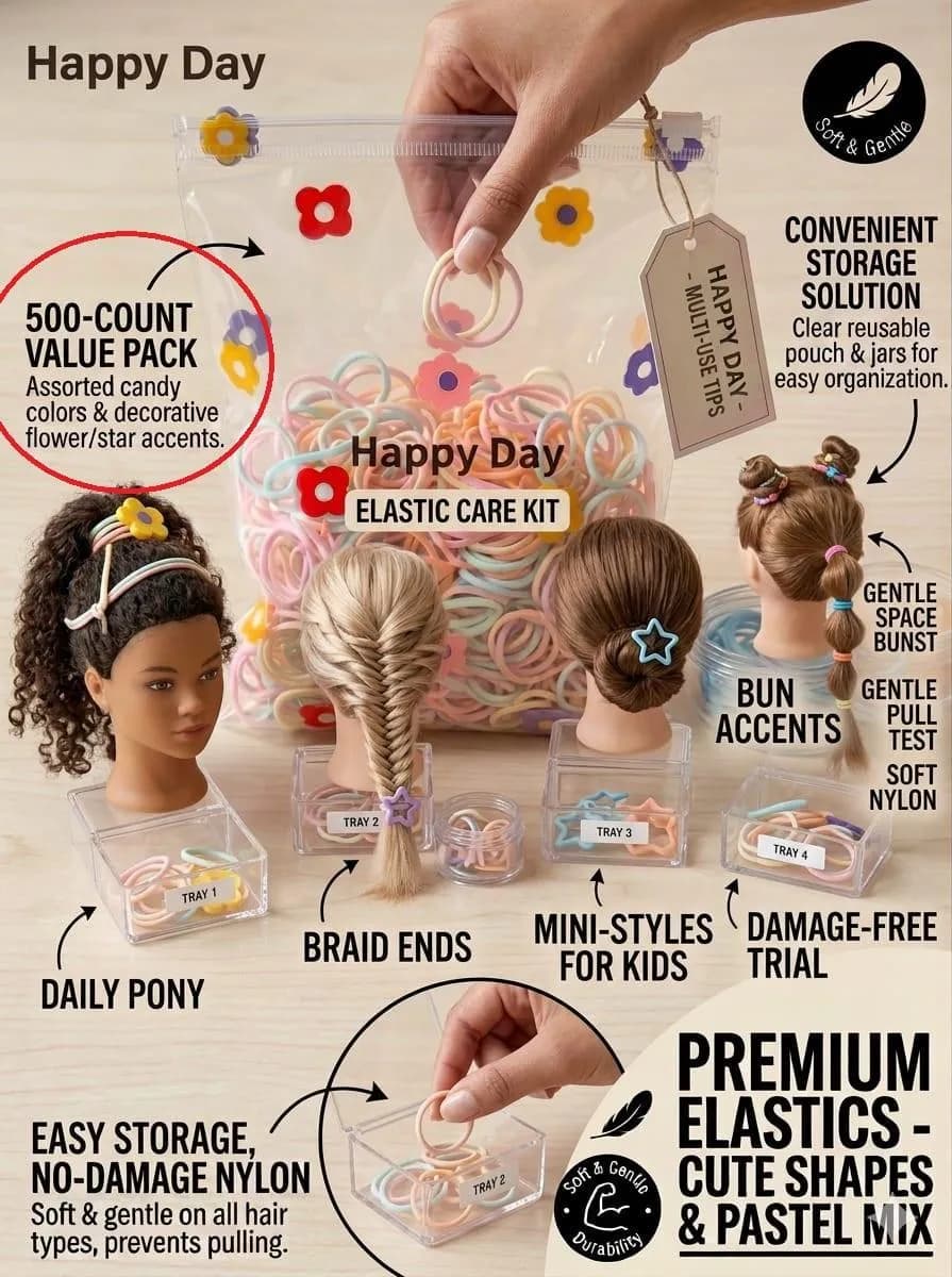 Happy Day Plastic Hair Ties for Girls 50 Count