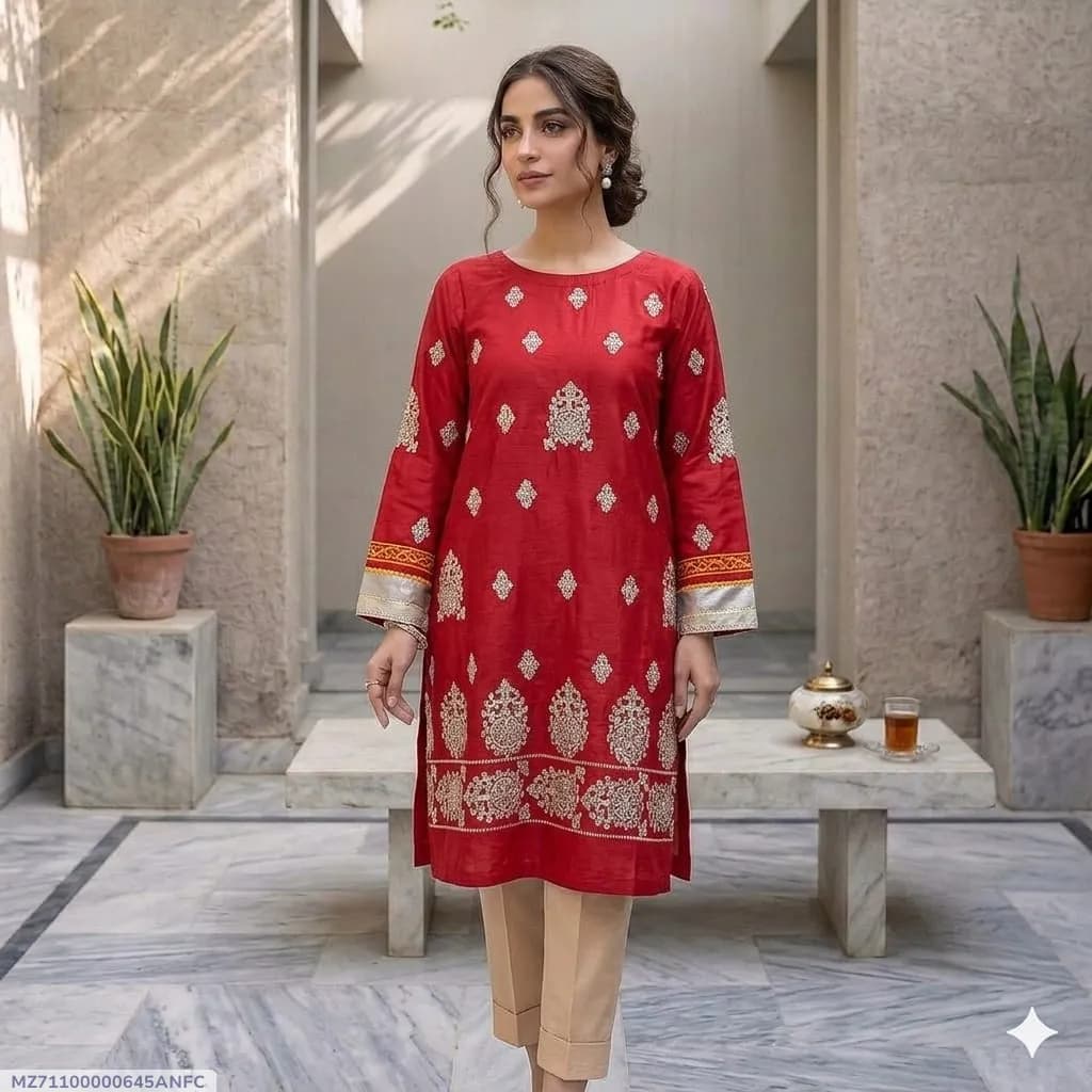 2 Pcs Women's Stitched Arabic Lawn Embroidered Shirt And Trouser - image 1