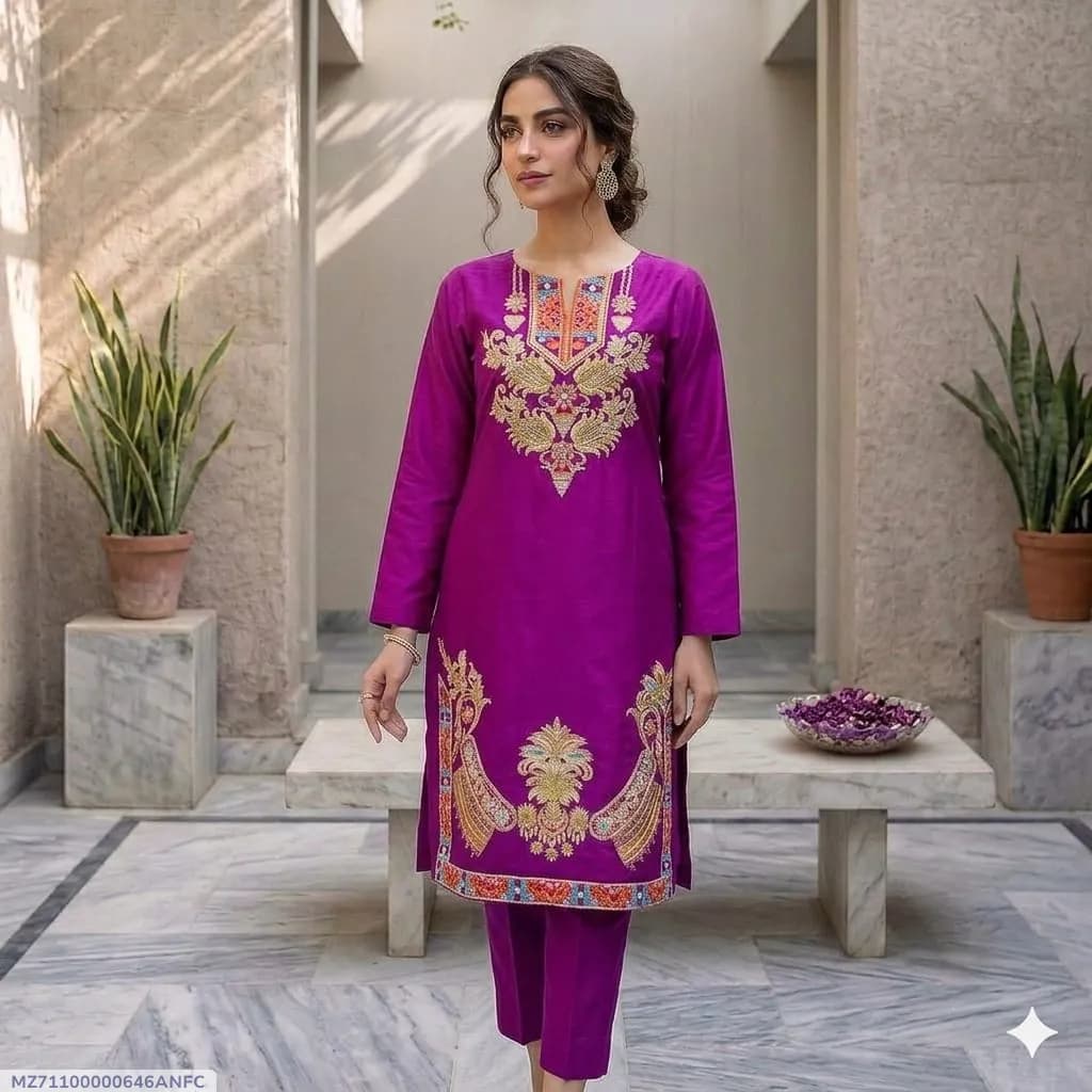 2 Pcs Women's Stitched Lawn Embroidered Shirt And Trouser - image 1