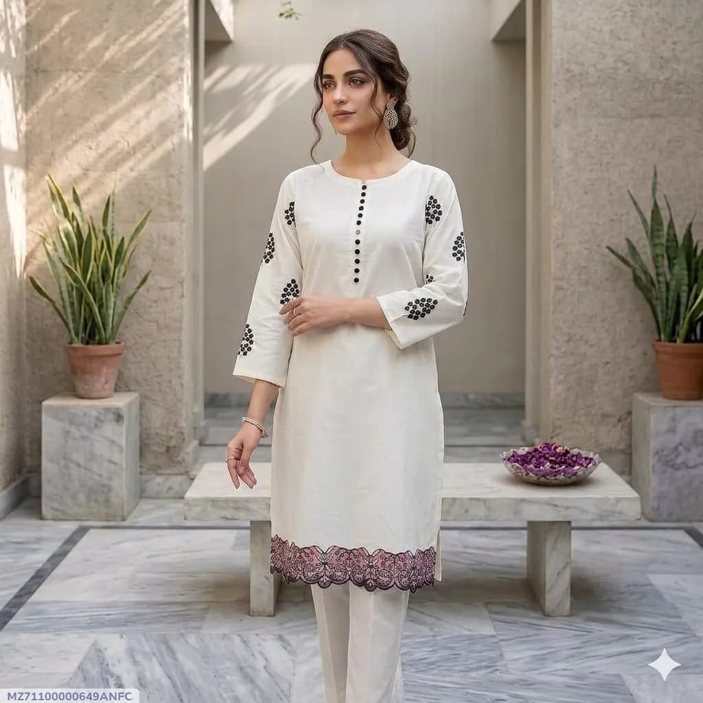 2 Pcs Women's Stitched Lawn Embroidered Shirt And Trouser - image 1