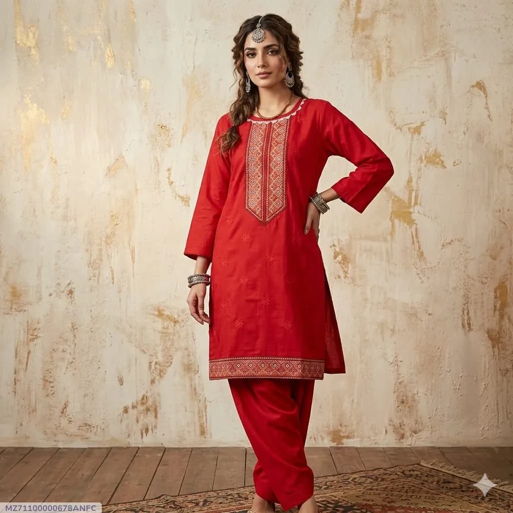 2 Pcs Women's Stitched Arabic Lawn Embroidered Shirt And Trouser - image 1
