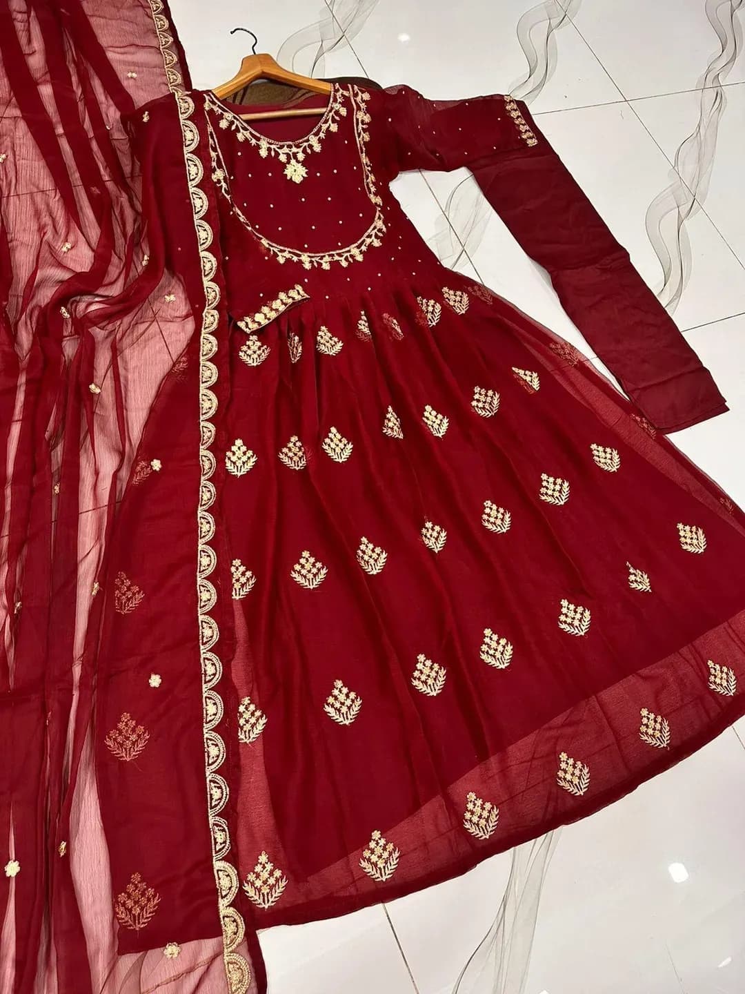 Maroon Embroidered Maxi Set with Trouser & Dupatta