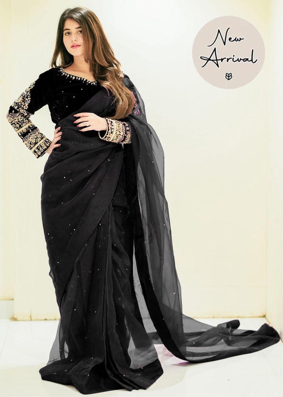 Exquisite Shamoz Silk Embroidered Stitched Saree - 1 Pc