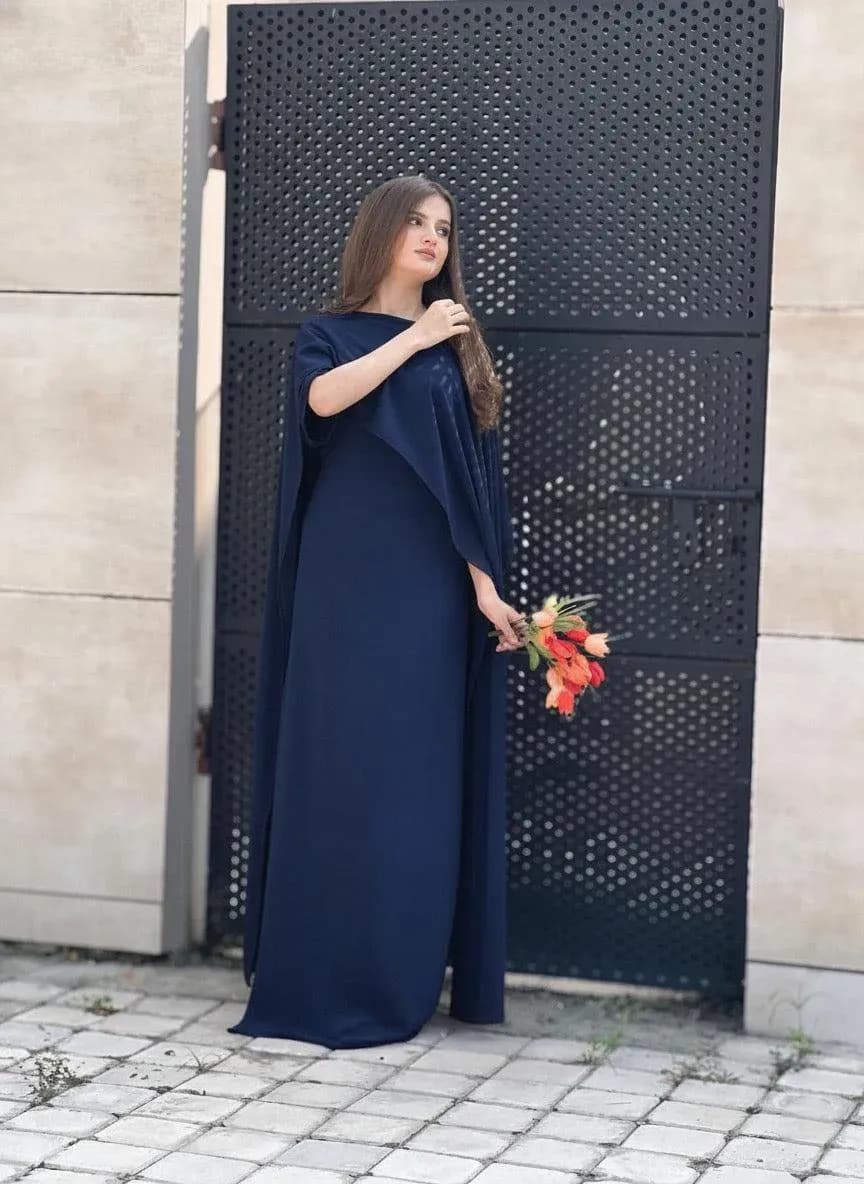 Navy Blue Embroidered Long Maxi Dress for Women