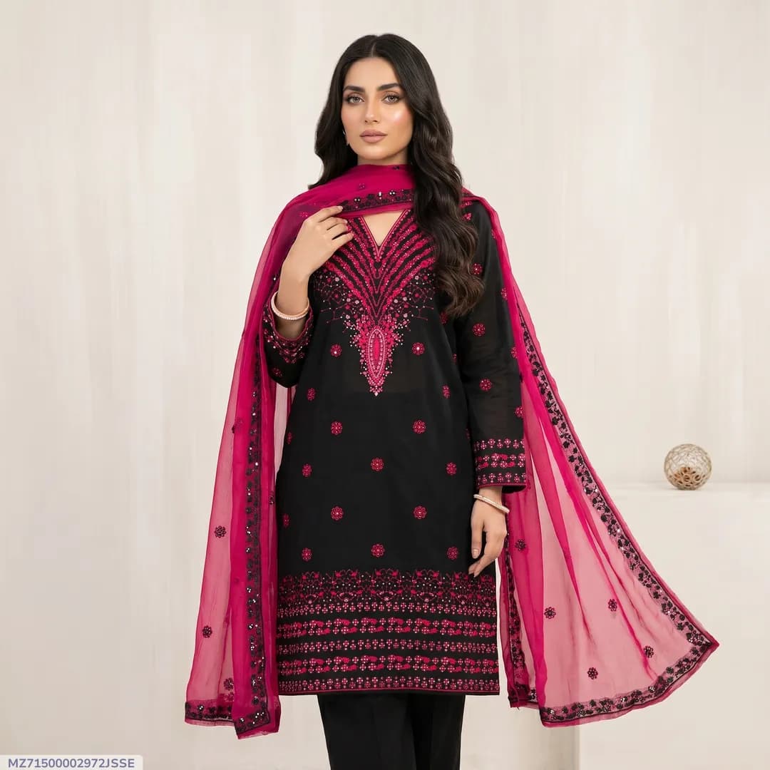 Black Embroidered 3-Piece Women's Suit for Eid Party Wear