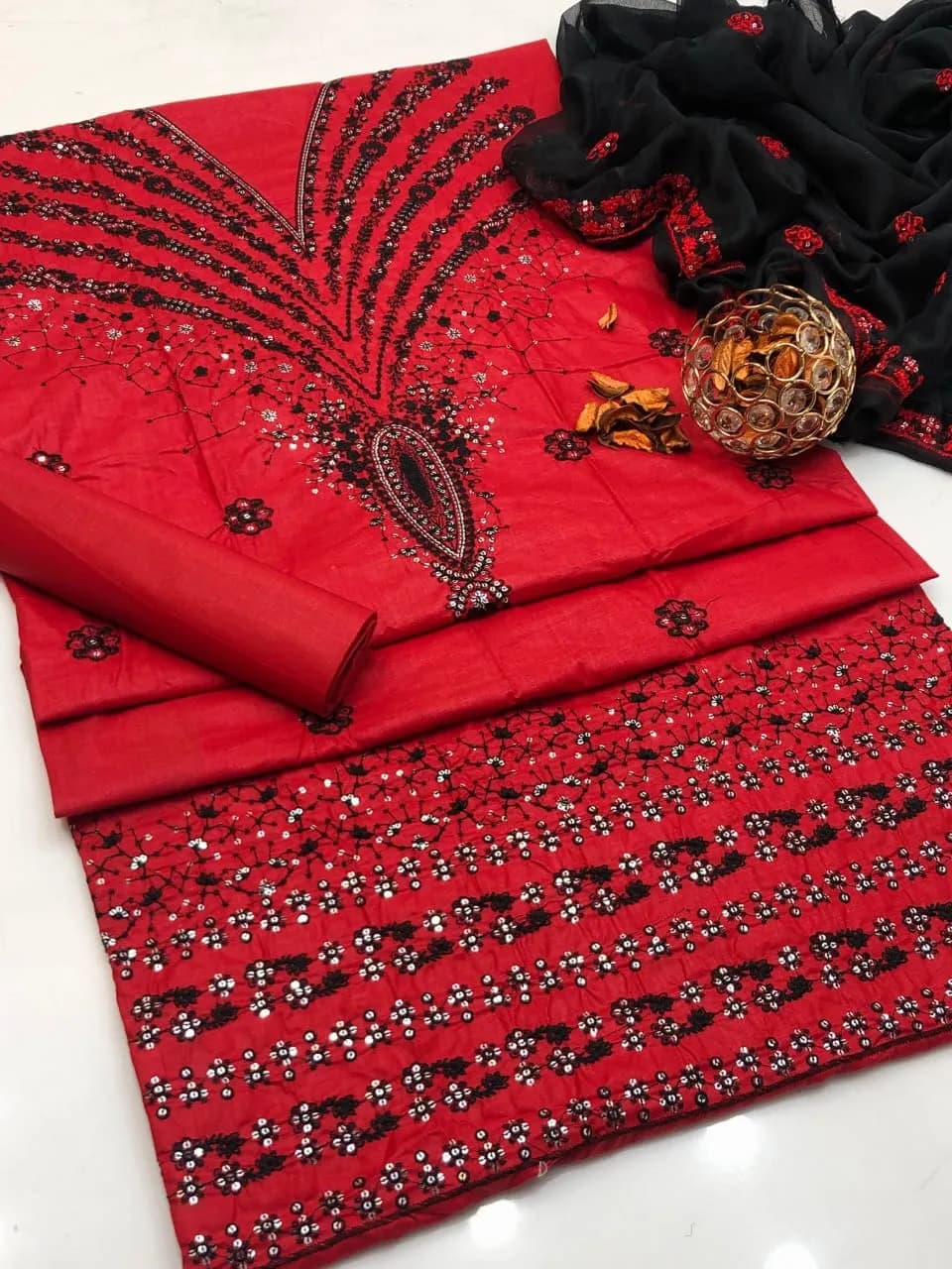 Red Embroidered 3-Piece Women's Suit for Eid Party Wear