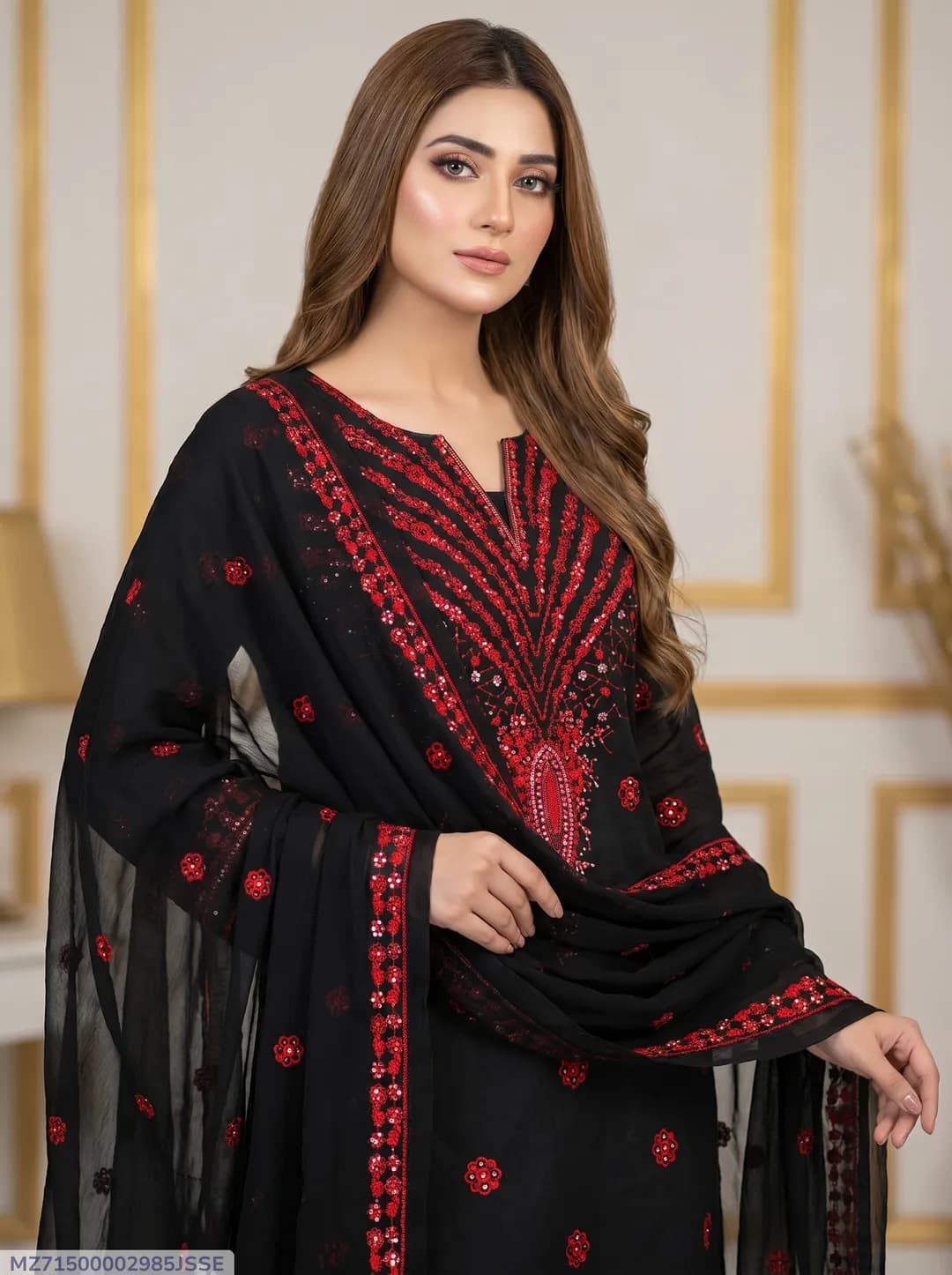Black Embroidered 3-Piece Women's Suit for Eid Party Wear